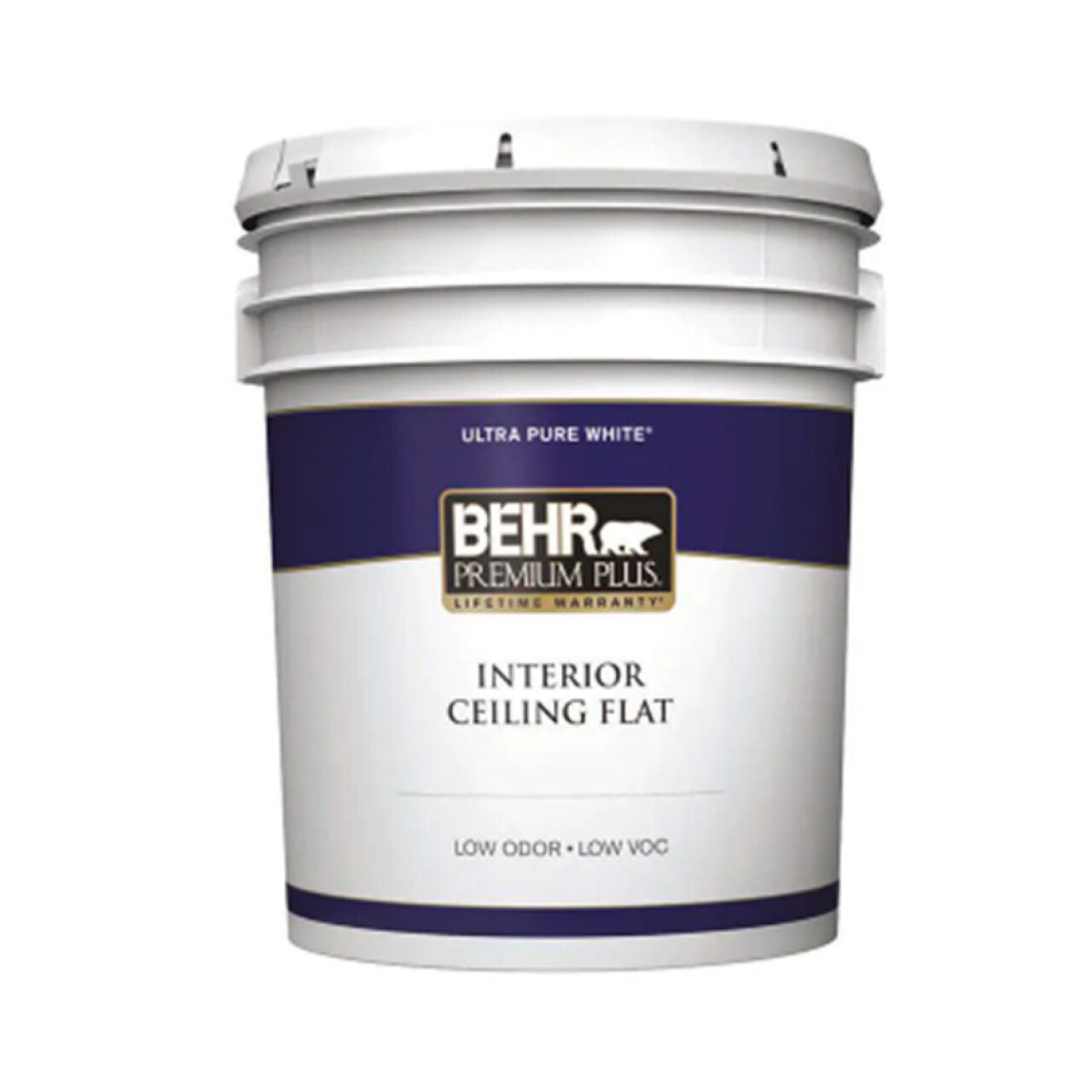 A 5-gallon white plastic bucket of Go Build Premium Plus Ceiling Flat Interior Paint in Ultra Pure White—ideal for flat interior surfaces.